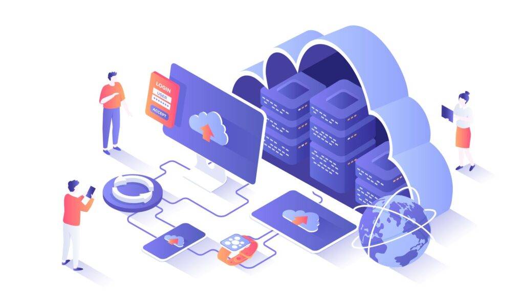 Illustration von Cloud-Speichertechnologie, die die sichere Speicherung und den Zugriff auf digitalisierte Fotos von verschiedenen Geräten weltweit ermöglicht.