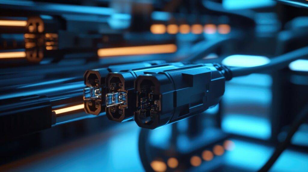 Detailaufnahme von MTP-Mehrfasersteckern in High-Speed-Glasfaserverkabelung, geeignet fuer Rechenzentren mit 100G-Verbindungen