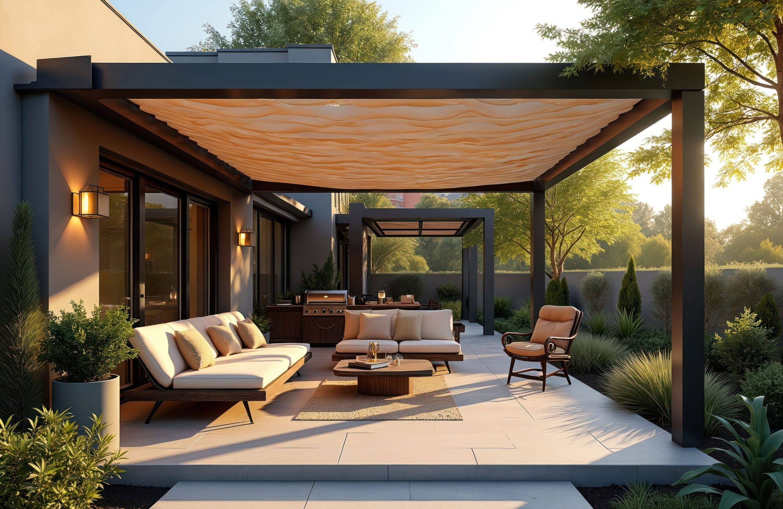 Moderne Design-Terrassenüberdachung in Stuttgart mit hochwertiger Möblierung als erweiterter Wohnraum im Garten bei Sonnenuntergang