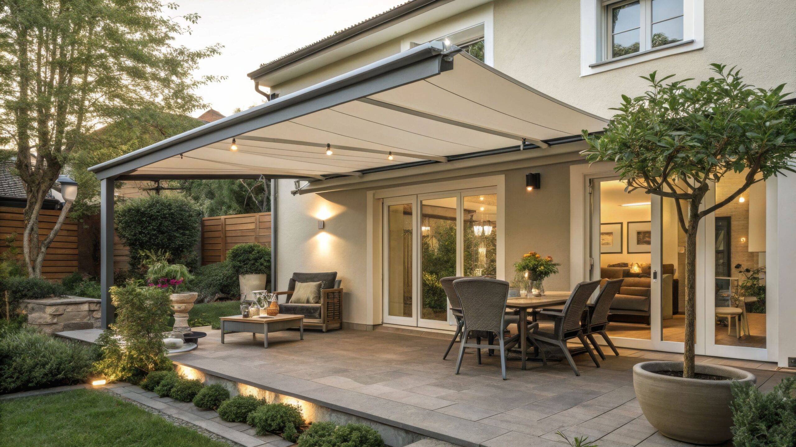 Moderne Überdachung auf Terrasse eines Einfamilienhauses bei Stuttgart mit stilvoller Gartenmöbel