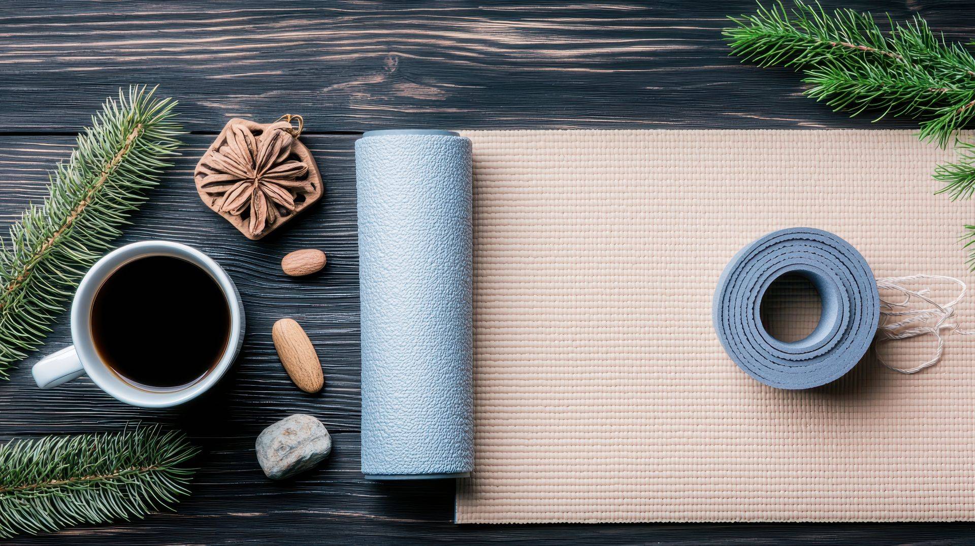 Flatlay mit Yogamatte, Kaffeetasse, Mandeln und Tannenzweigen auf Holztisch – Symbol für Balance, Achtsamkeit und gesunden Lebensstil.