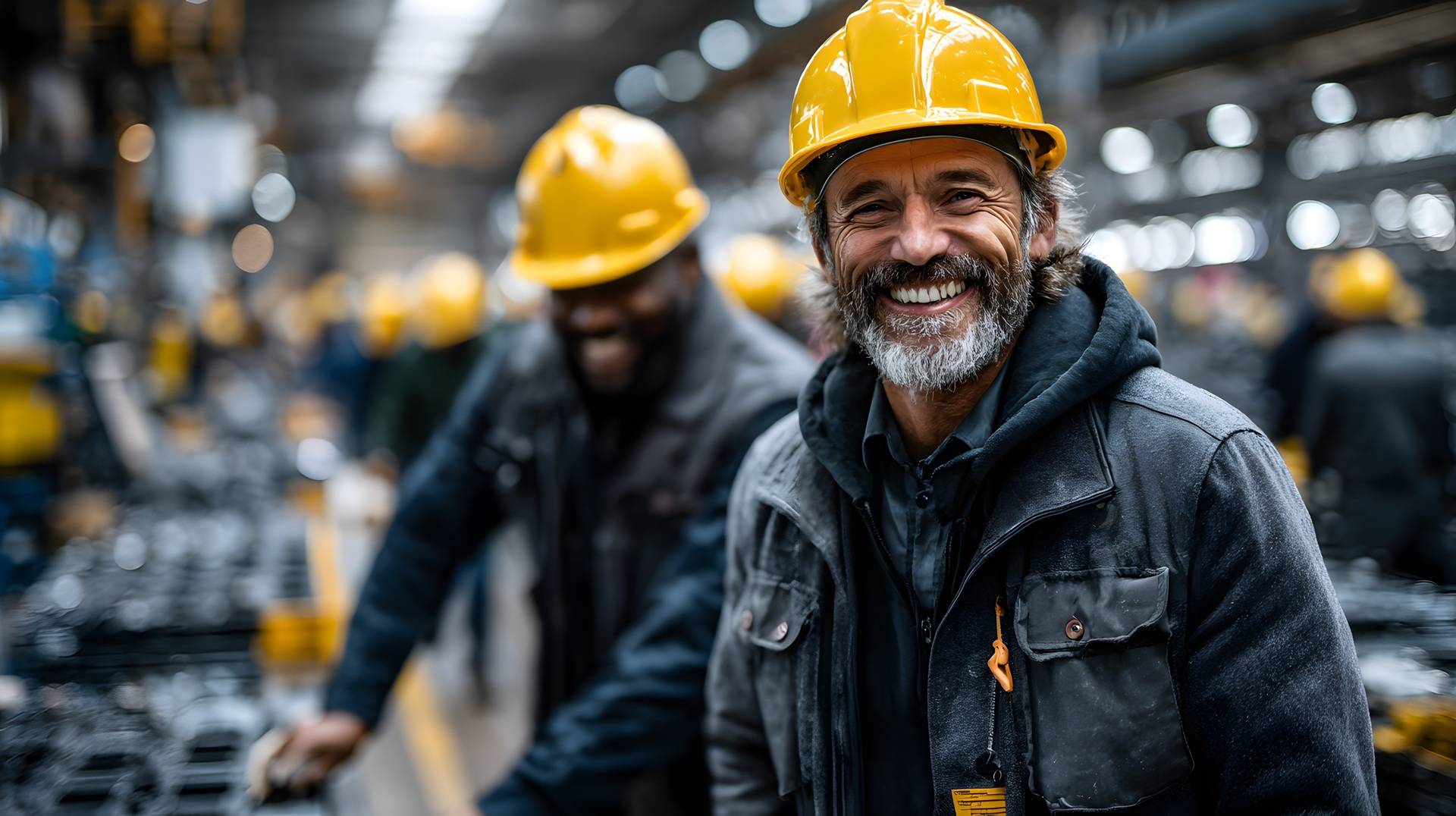 Lachender Mitarbeiter in moderner Werkhalle | Elektrokettenzug